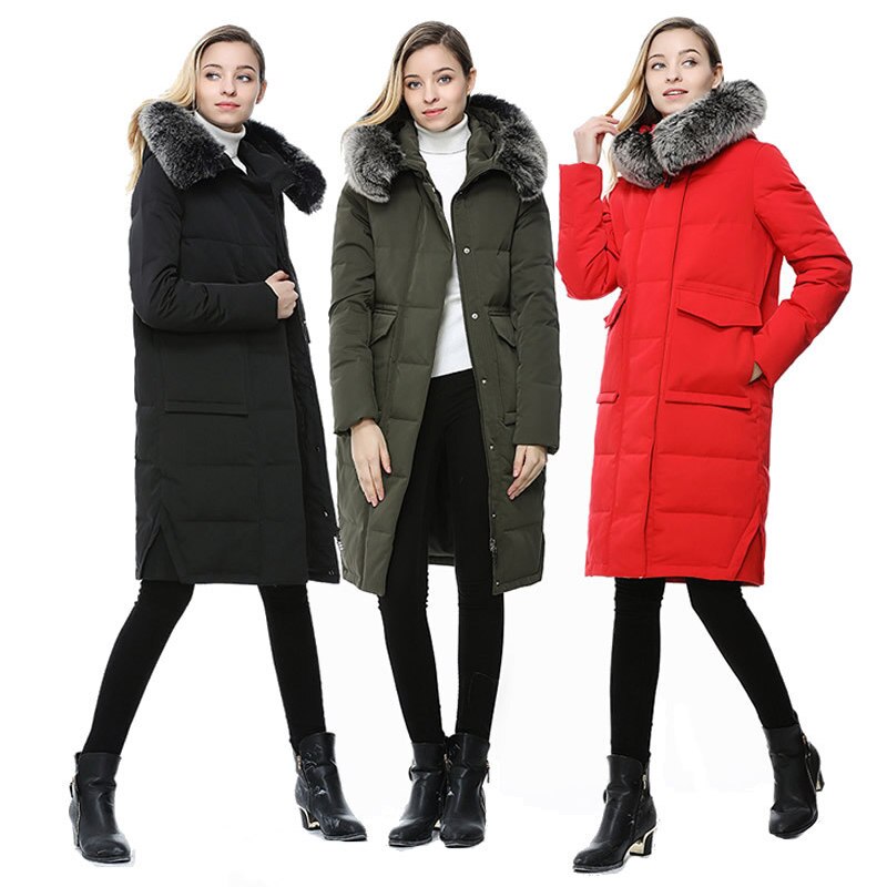 Women's down jacket Europe and USA for cold winter Long silver fox fur collar hooded pocket 80% white duck down coat W1702