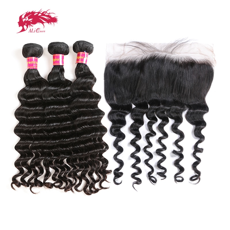 Ali Queen Hair Bundles With 13x4 Lace Frontal Natural Wave Brazilian Remy Human Hair Bundles With Closure Natural Color
