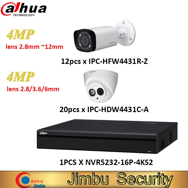 Dahua IP NVR kit 32CH 4K video recorder NVR5232-16P-4KS2 & dahua 4MP IP camera 12pieces IPC-HFW4431R-Z & 20pieces IPC-HDW4431C-A