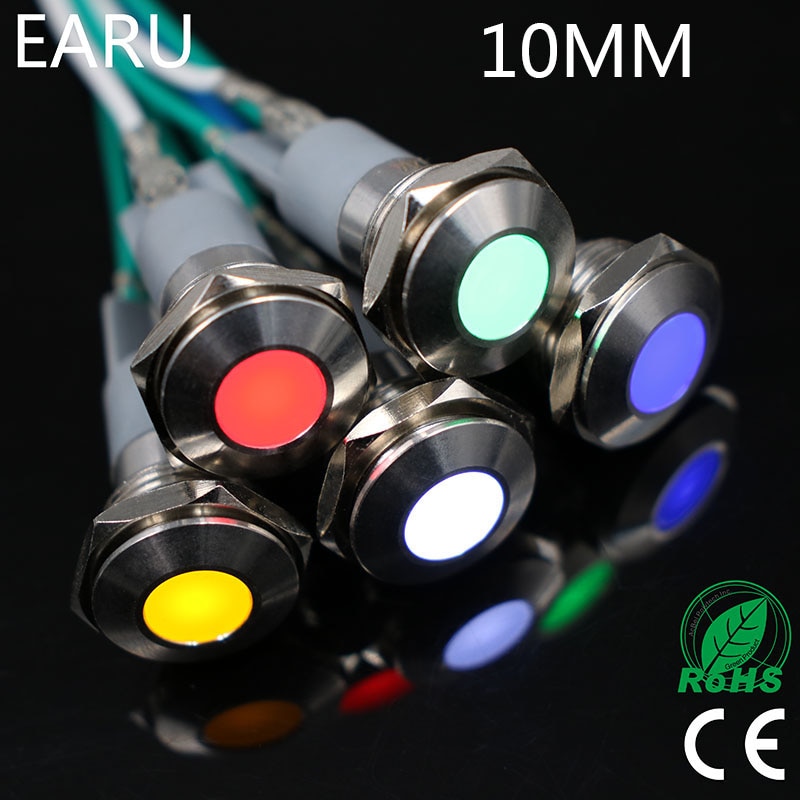 10mm Waterproof IP67 LED Metal Indicator Pilot Light Signal Lamp 3V 5V 6V 12V 24V 110V 220V Car Machine Working PC Power Styling