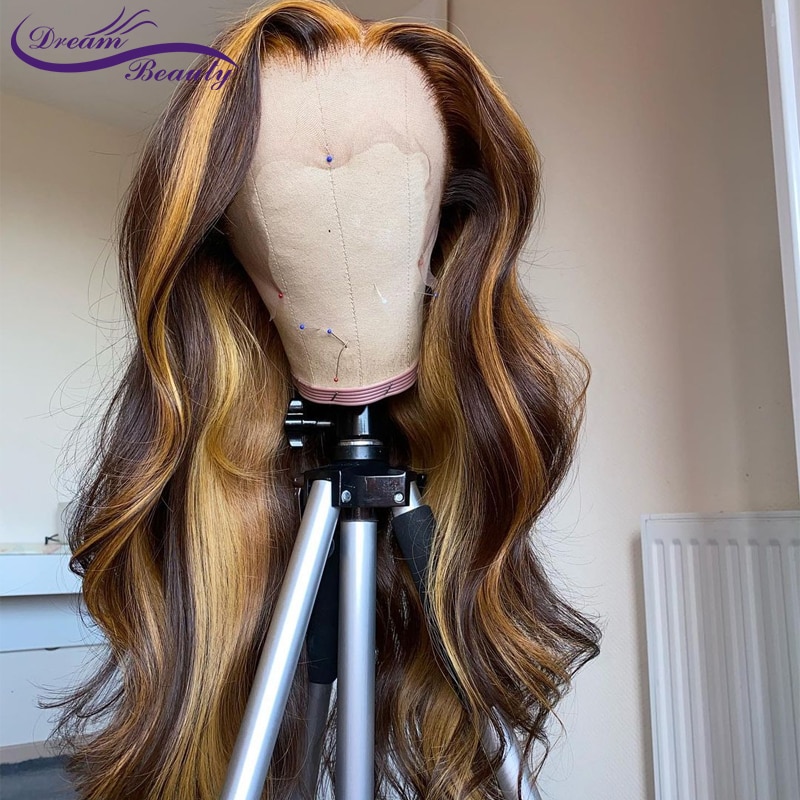 Highlight Blonde 13X4 Lace Front Wigs 180% Brazilian Remy Wavy Human Hair Wigs For Women #4/27 Blonde 4x4 Lace Closure Wigs