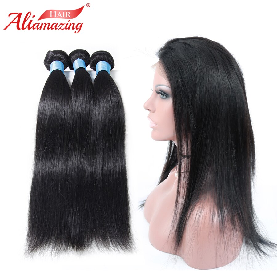Ali Amazing Hair 360 Lace Frontal With Bundles Brazilian Silky Straight Remy Human Hair 3 Bundles With Lace Frontal 4pcs/lot #1B