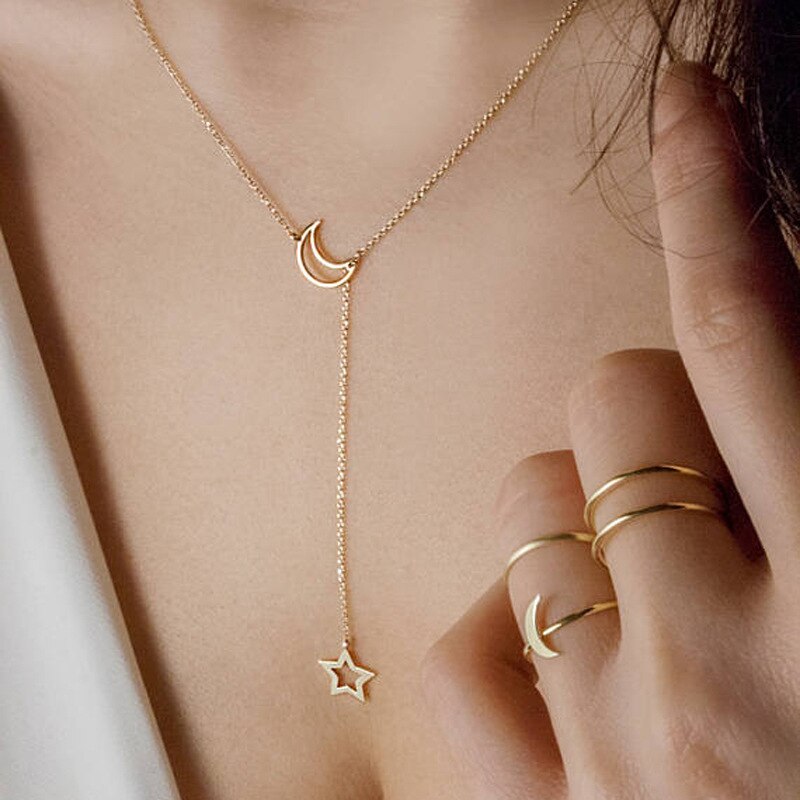 RONGBIN Fashion Moon Star Pendant Choker Necklace Gold Color Zinc Alloy Chain Collar Necklace For Women Party Jewelry Charm