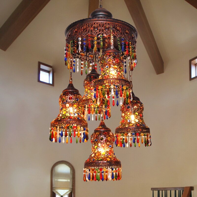 turkish Bohemia Mediterranean restaurant bedroom lamp retro multicolor bronze wrought iron pendant lamp a218