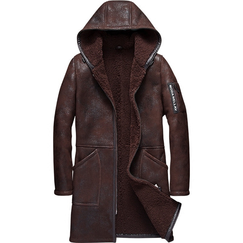 Denny&Dora Hooded Mens Shearling Coat Mens Fur Coat Long Style Business Casual Sheepskin Leather Jacket
