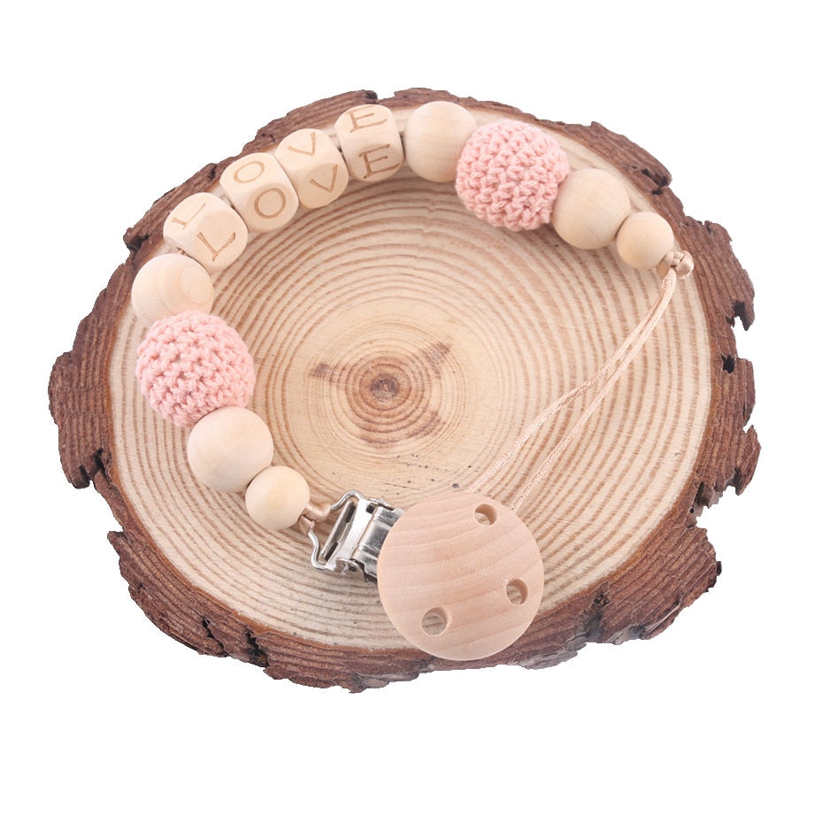 Beech Wooden Pacifier Chains Personalized Name Handmade DIY Teething Chain Baby Teether Dummy Clip Crochet Bead Children Product
