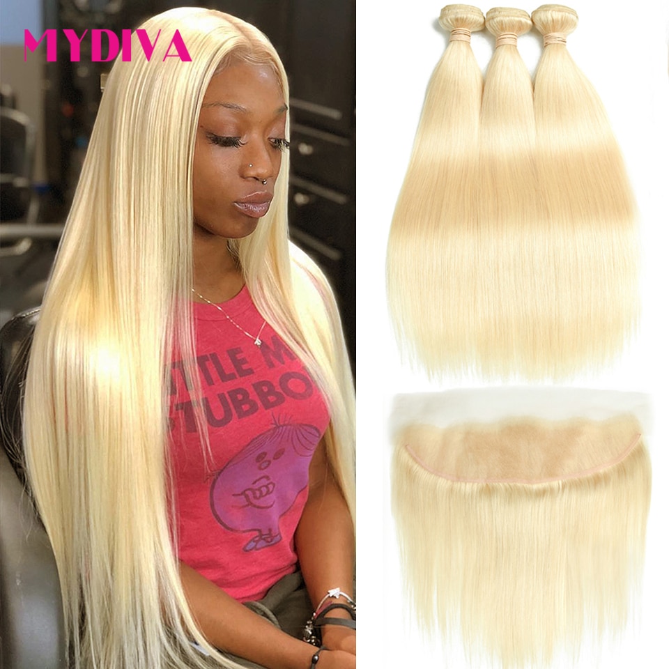 613 Bundles With Frontal Brazilian Blonde Straight 13×4 Lace Frontal With Bundles Pre Plucked With Baby Hair Remy Human Hair