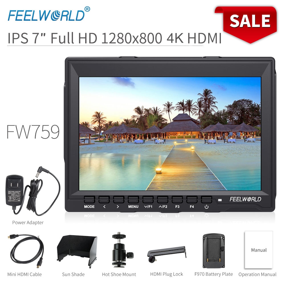 FEELWORLD FW759 7 Inch DSLR Camera Field Monitor 4K HDMI AV Input IPS HD 1280x800 LCD Display Video Assist Protable for Camera