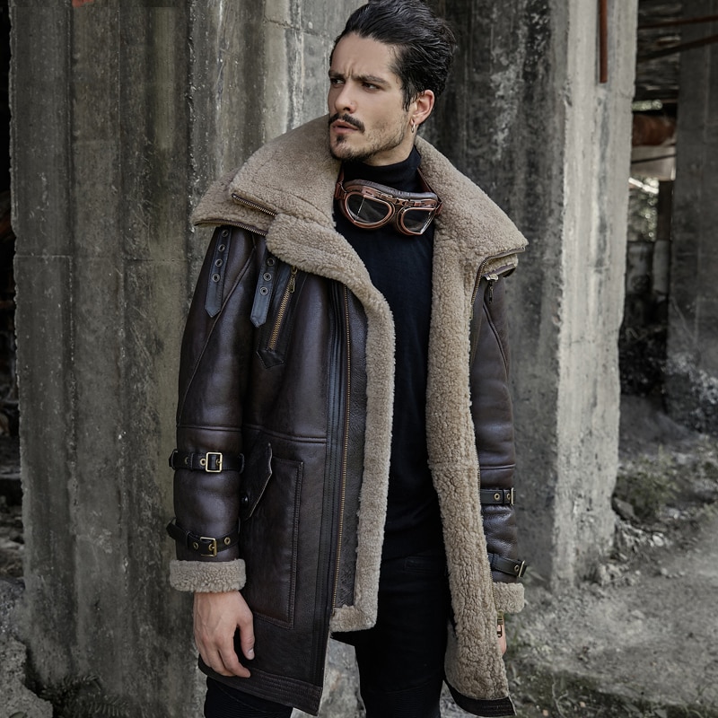 B3 Flight Jacket Double Collar Design Men's Shearling Jacket Long Style Leather Jacket Mans Sheepskin Aviator Fur Coat