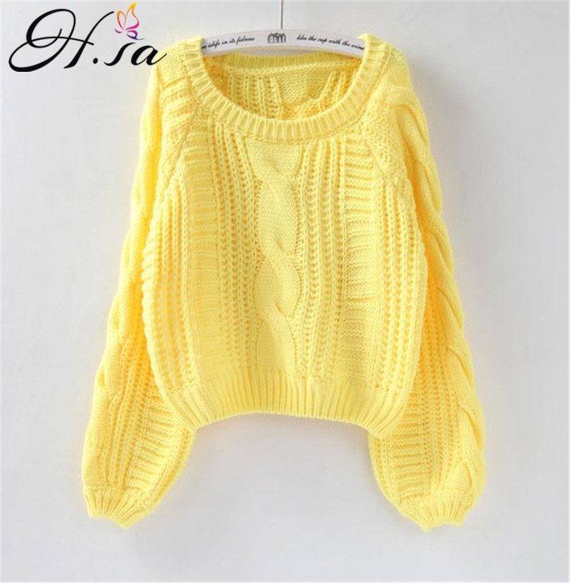 H.SA Roupas femininas Women Pull Sweaters 2020 New Yellow Sweater Jumpers Candy Color Harajuku Chic Short Sweater Twisted Pull