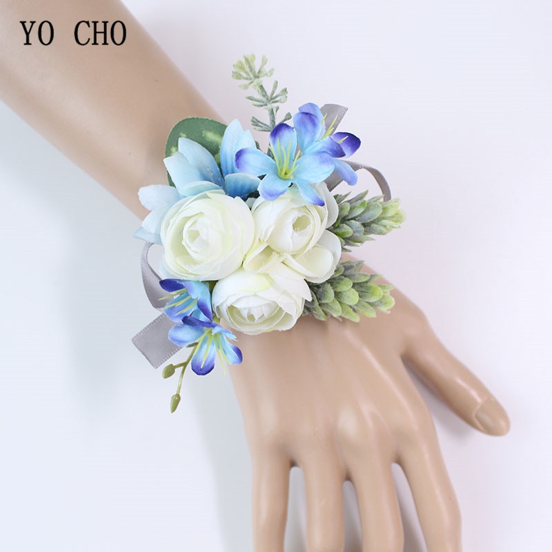 YO CHO White Silk Roses Wedding Flowers Wrist Corsage Bracelet Bridesmaid Blue Groom Boutonnieres Men Marriage Wedding Supplies