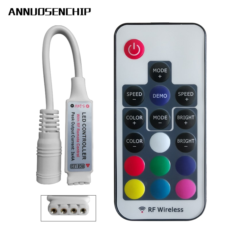 Mini Led RGB Remote Controller DC5-24V 17key RF Wireless Controller with 4pin female DC For 5050 12A RGB Led Strip Tape Lighting