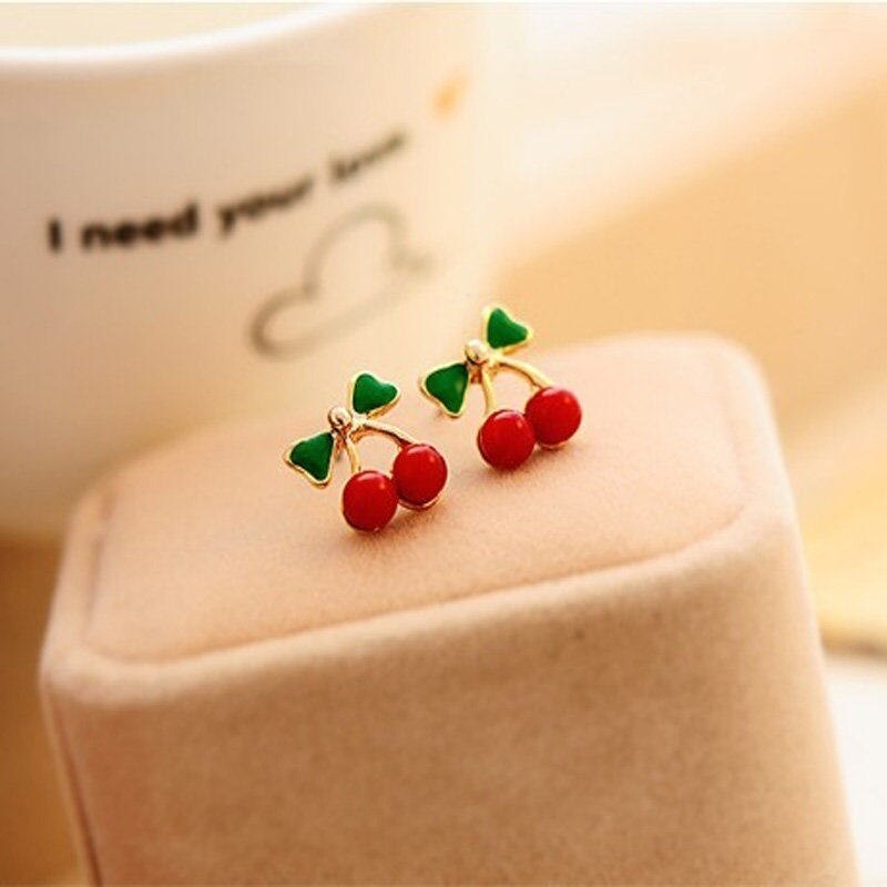 New Lovely Retro Cute Gold Cherry Shaped Bohemia Ear Stud Earrings for Women Girls Fashion Jewelry Gift Small Earrings