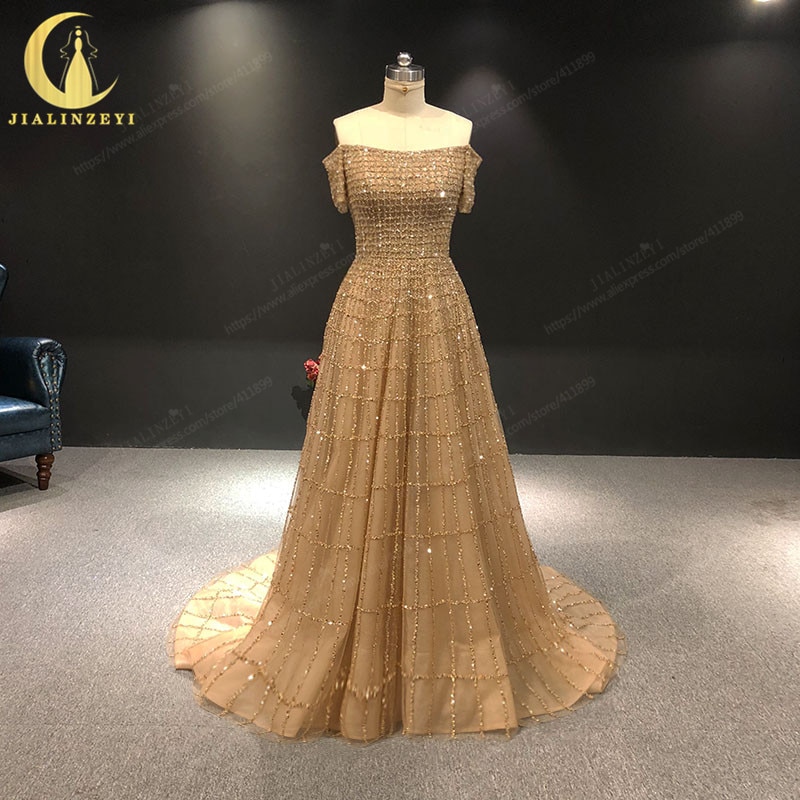 JIALINZEYI Real Sample Dark Brown Off the shoulder Beads Luxurious A-line Party Evening Dresses