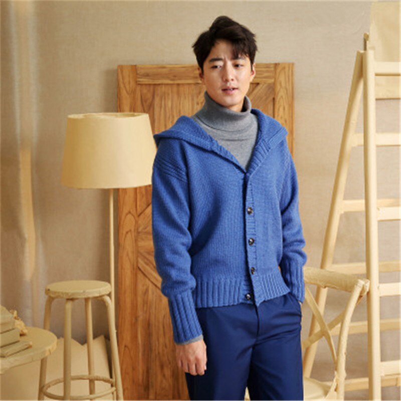 100%hand made pure wool hooded knit men fashion solid loose single breasted short cardigan sweater one&over size