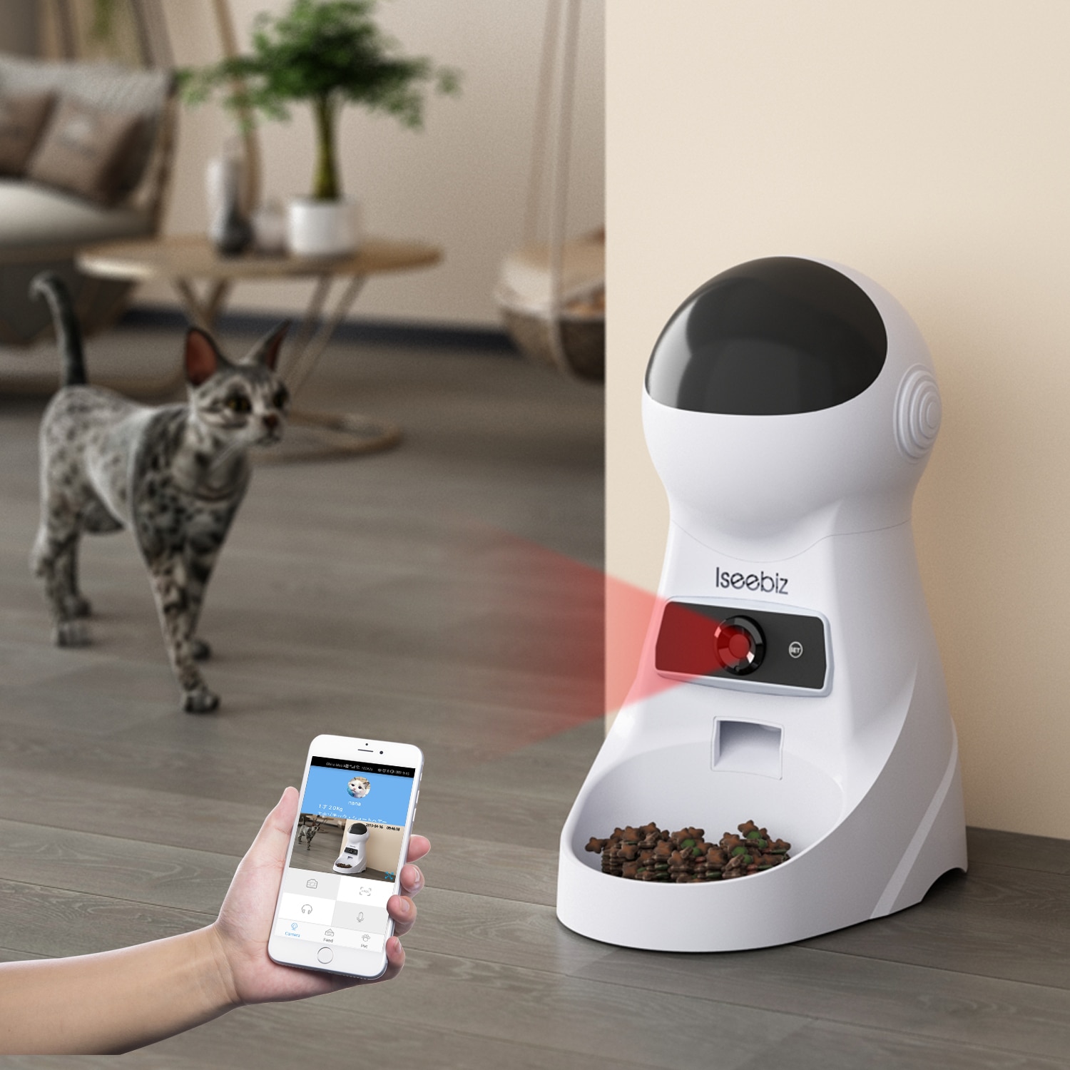Iseebiz 3L Automatic Cat Feeder Dog Food Dispenser with Camera Support Voice Record ,App Control 8 Times One Day Pet Accessories