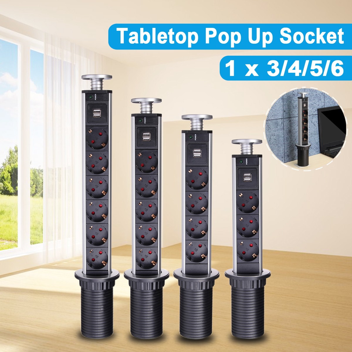 EU Plug 16A PULL UP 3/4/5/6 Power Socket 2 USB Charging Port Kitchen Table Desktop Sockets Retractable Countertops Worktop
