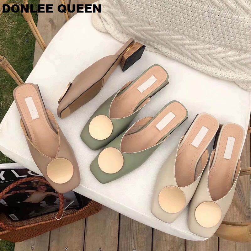 2021 Brand Designer Women Slippers Slip On Mules Flat Heel Casual Shoes British Buckle Slides Wooden Block Heels Summer Footwear