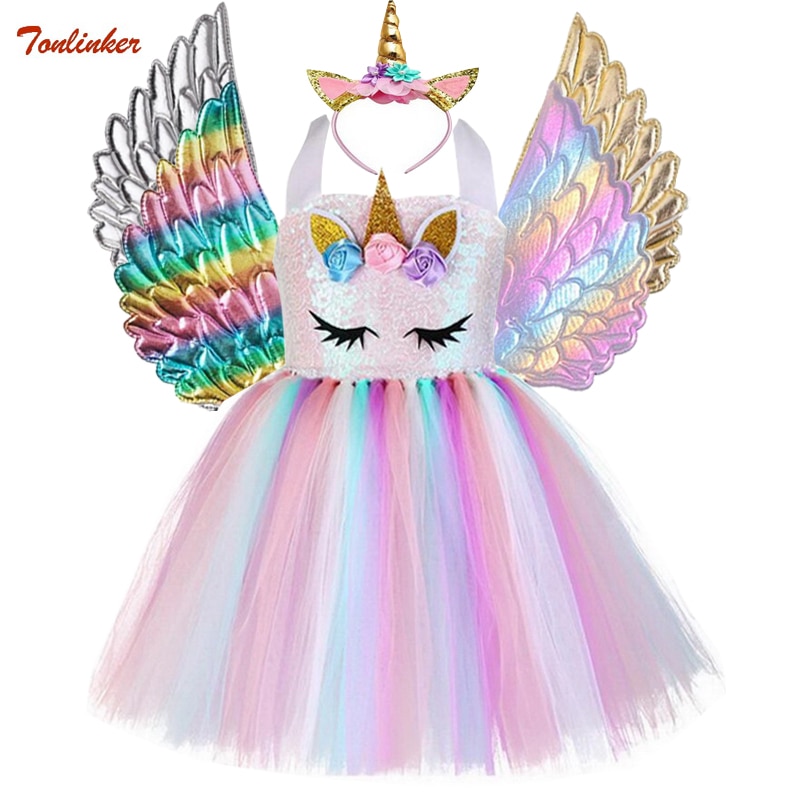 Girls Dress Unicorn Costume Fancy Up Christmas Kids Sequin Pastel Rainbow Tutu Birthday Party Dresses Princess Cosplay Costumes