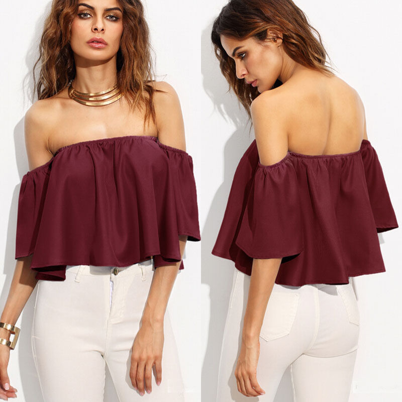 Sexy arrival Women Summer Loose Off Shoulder Tops Flare Short Sleeve Blouse Ladies Casual Tops Solid Red Blue White