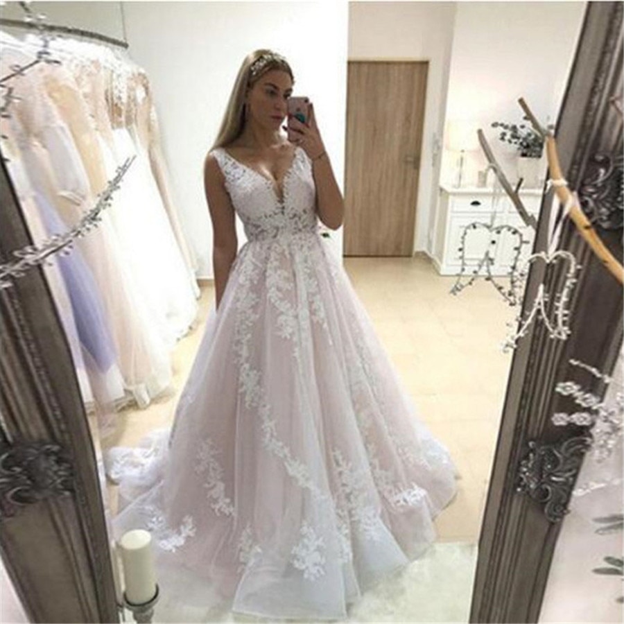 Pink Wedding Dress 2021 V Neck Bridal Gowns Backless Sleeveless Full Appliques Lace Bride Dresses Country vestidos de noiva