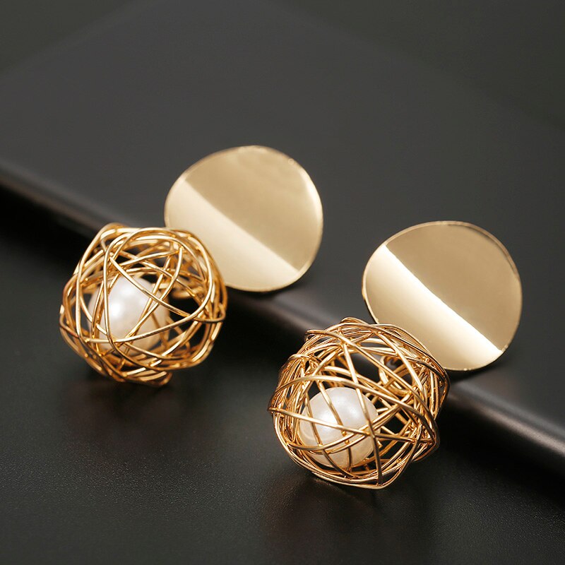 New Fashion Stud Earrings For Women Golden Color Round Ball Geometric Earrings For Party Wedding Gift Wholesale Ear Jewelry