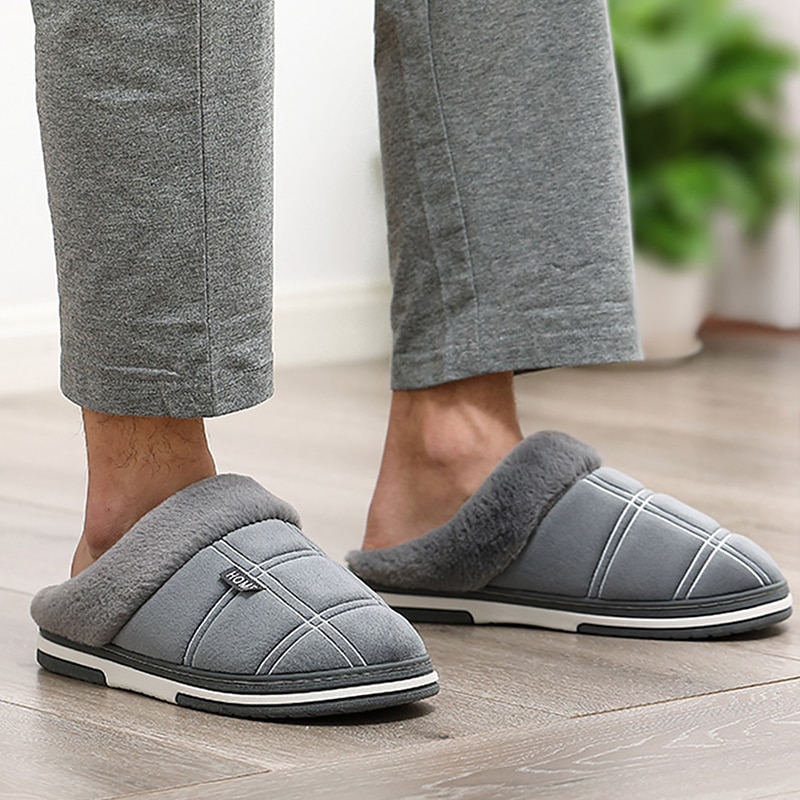 Men's Slippers Home Antiskid Sewing Suede Winter Indoor shoes for Male slipper Plush Cozy House slippers with fur size 14 15 16