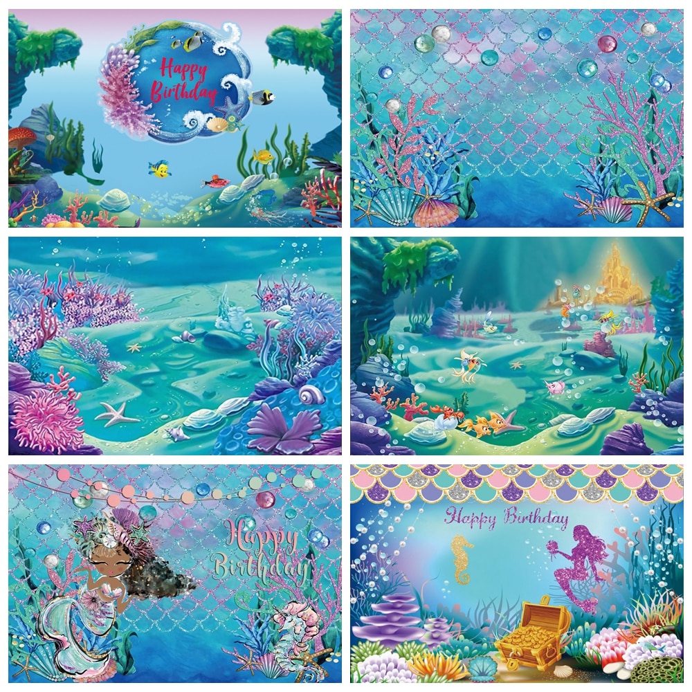 Laeacco Birthday Photo Backdrops Seabed Coral Castle Bubble Mermaid Baby Shower Photography Backgrounds Photophone Photo Studio