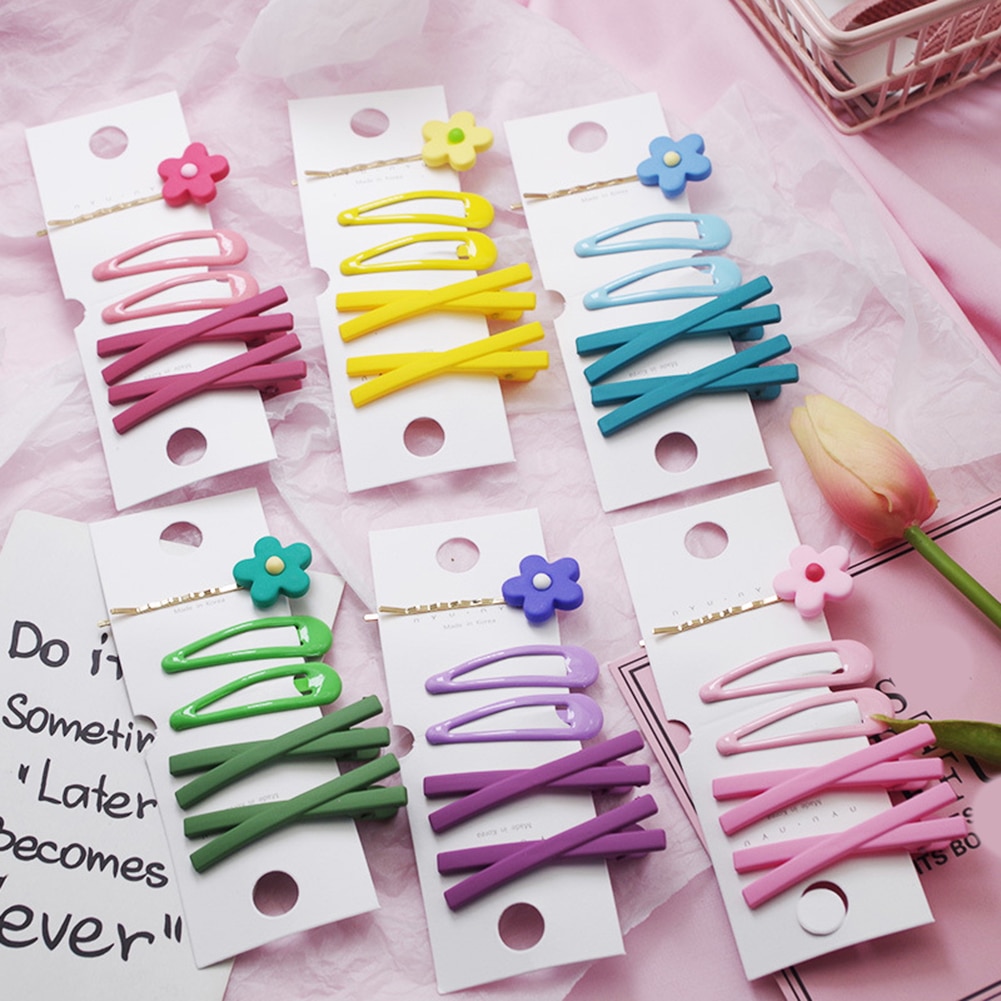 5Pcs Korean Fashion Hairpins Snap Hair Clips for Girls Flower Kawaii Barrettes Women BB Hair Clips Candy Color Hair Accessories