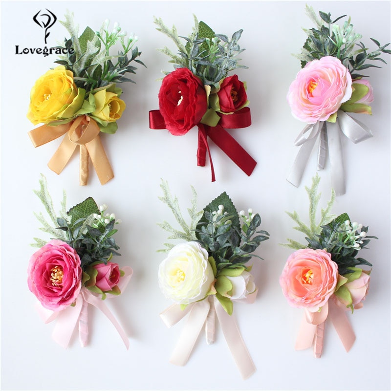 Lovegrace Groom Boutonniere Lapel Pin Bridal Wrist Corsages White Burgundy Bridesmaid Rose Flower Bracelet Prom Wedding Supplies