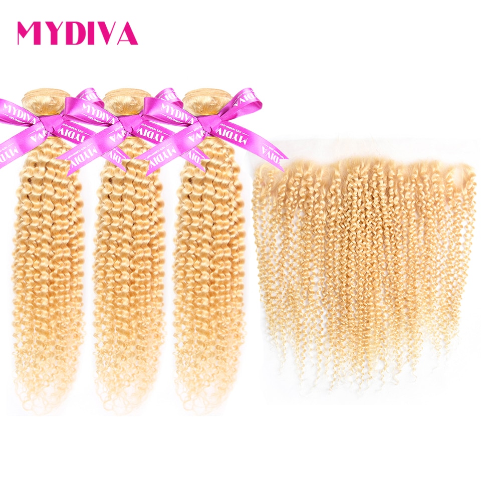 613 Bundles With Frontal Brazilian Kinky Curly Bundles With Closure 30 Inch Blonde Bundles With Closure Transparent Lace Remy