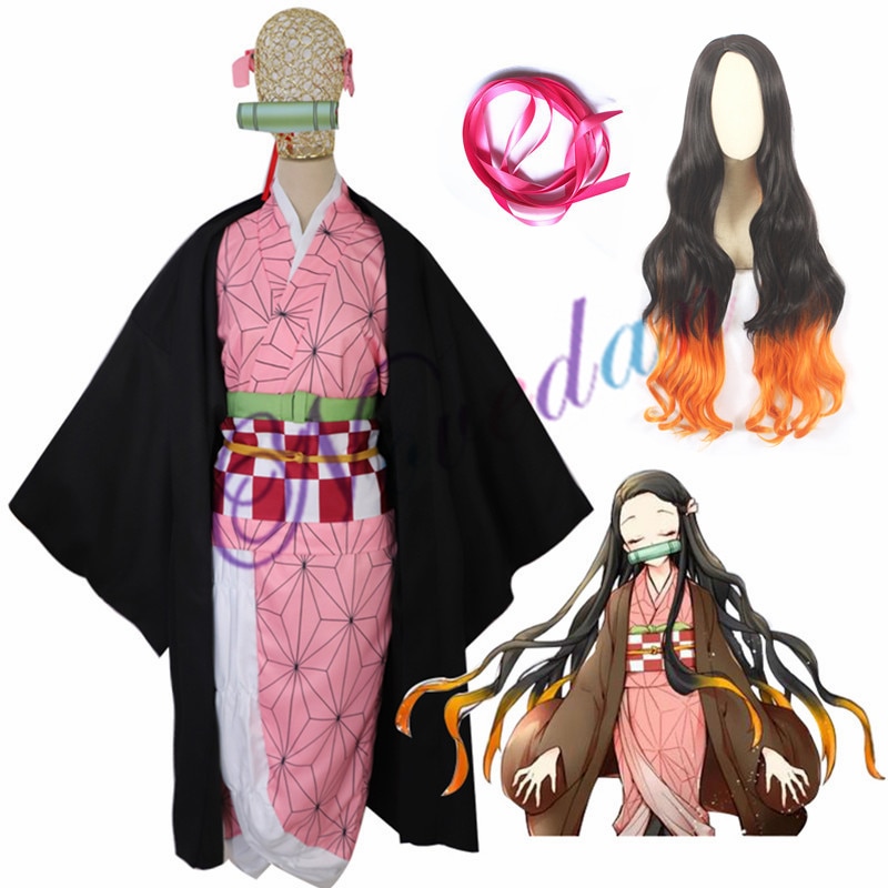 Anime Demon Slayer Kamado Nezuko Cosplay Costumes Kimetsu no Yaiba Women Pink Kimono Halloween Costumes For Women