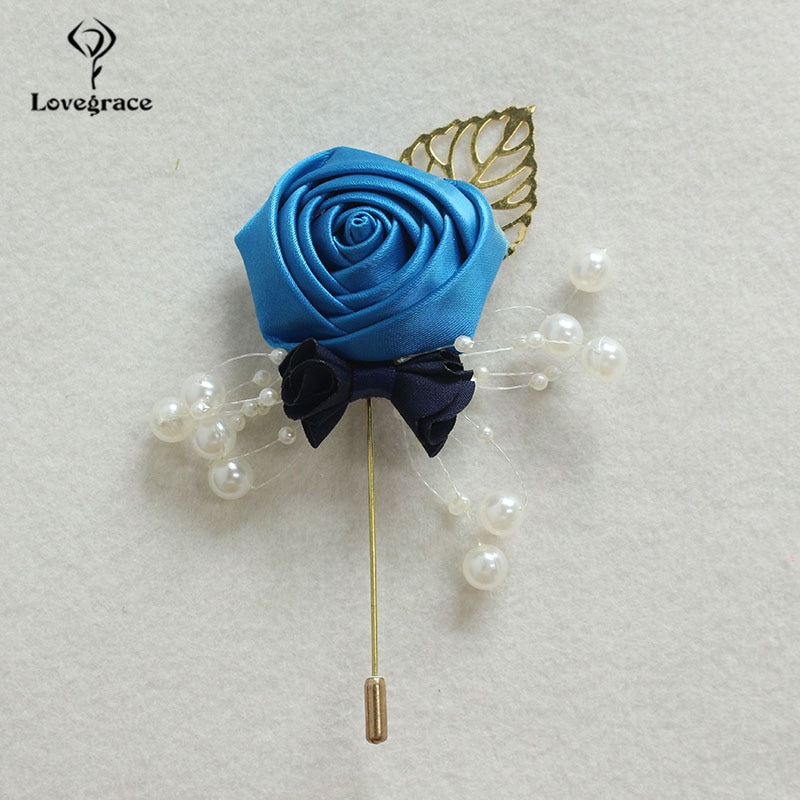 Lovegrace Silk Rose Wedding Men Boutoniere Imitation Pearl Artificial Golden Leaves Decor Bridegroom Boutonniere