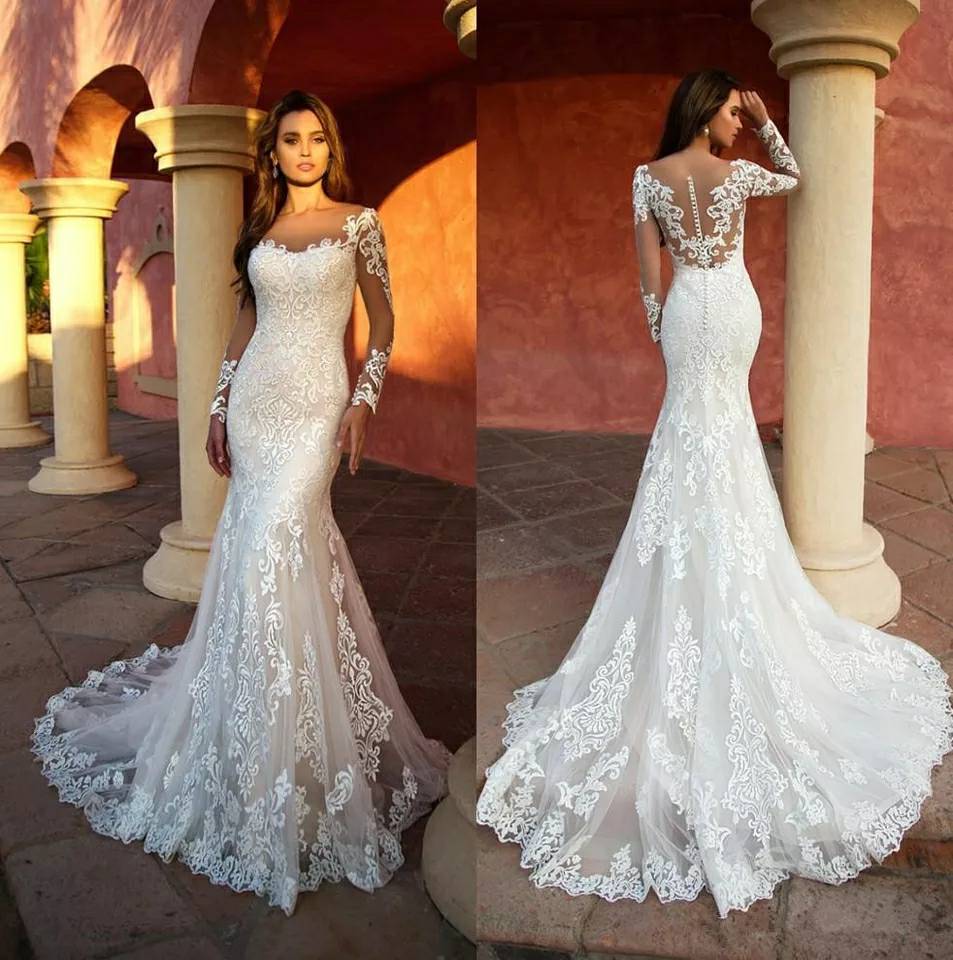 Custom Made Lace Mermaid Wedding Dresses Long Sleeve White Wedding Gown Sexy Vintage 2020 Bride Dress Robe de mariage