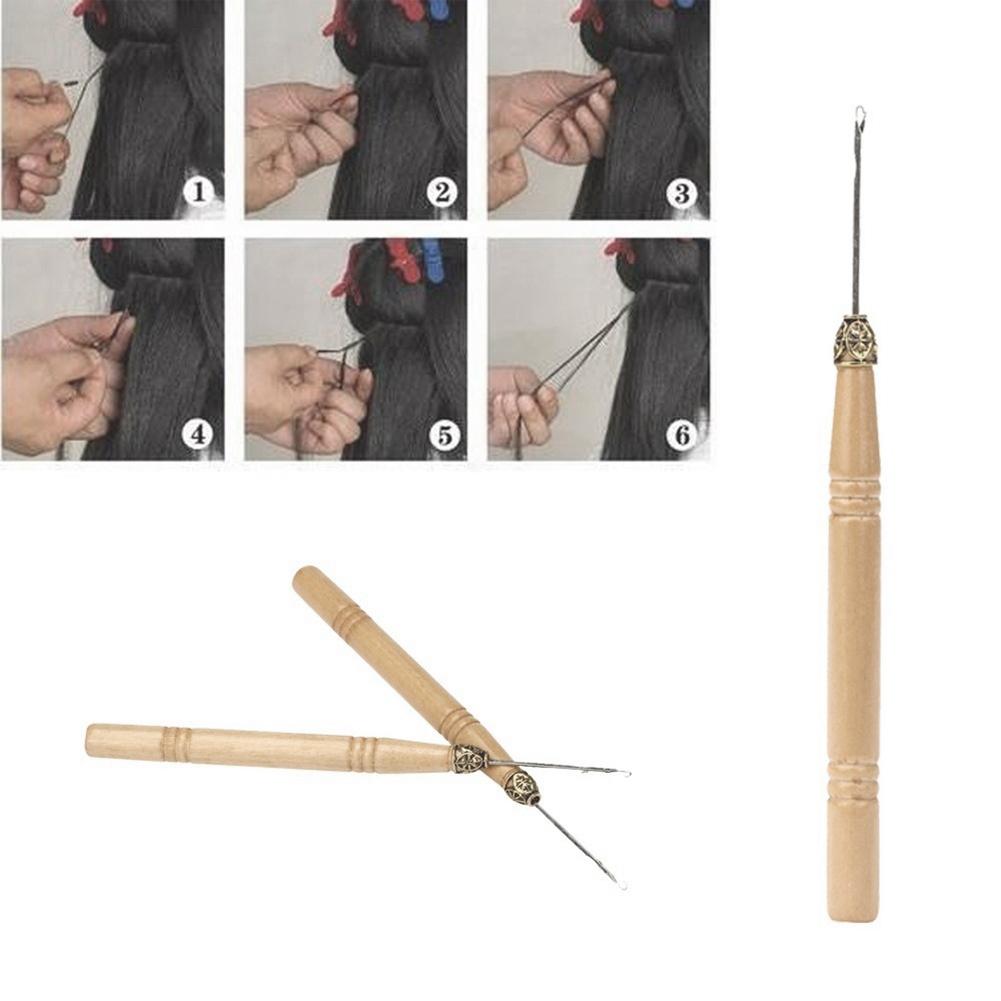 Wood Handle Crochet Needle Wig Hair Extension Threader Pulling Knitting Needles Weave Sewing Tools