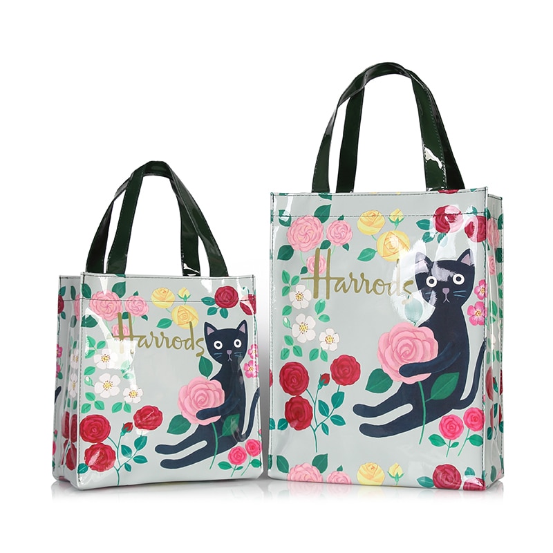London Style PVC Reusable Shopping Bag Women's Bag Eco Friendly Flower Shopper Bag Waterproof Handbag Lunch Tote Shoulder Bag