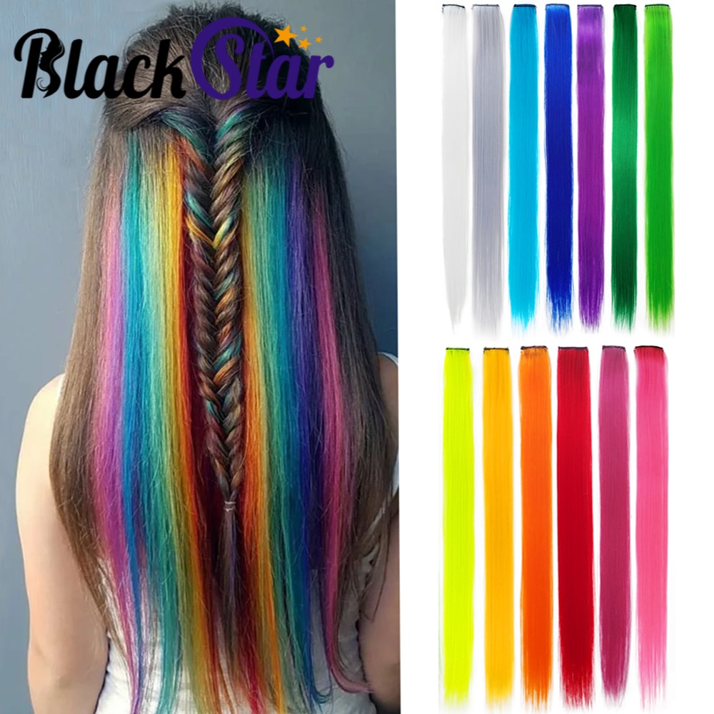 Clip Haar 20inch Een Stuk Haarstukje Kleur Synthetische Lange Rechte Hair Extensions Roze Geel Blauw Paars Voor Vrouwen