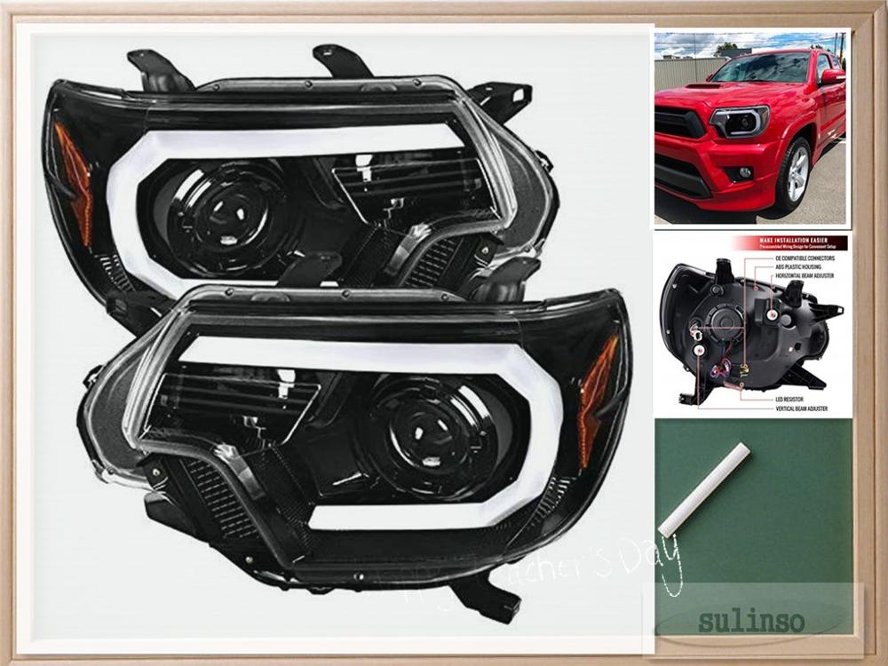 Sulinso For Toyota 12-15 Tacoma Pearl Black LED DRL Projector Headlights Head Lamps Pair
