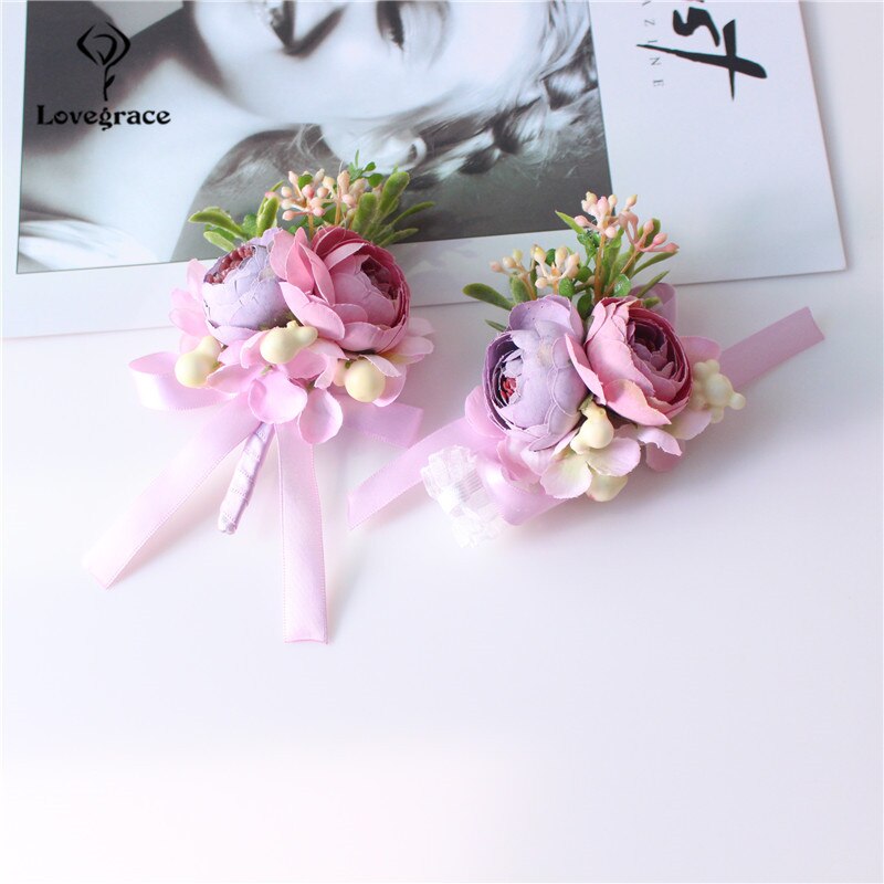 Wedding Corsage Bracelet Silk Flower Bridesmaid Groomsman Pink Rose Boutonniere Marriage Wedding Wrist Corsage Bracelet Flowers