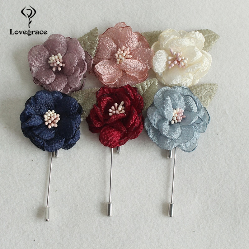 Lovegrace Fake Rose Boutonniere Men Wedding Brooch Pins Fabric Burgundy Beige Flower Groom Boutonniere Wedding Planner Corsage