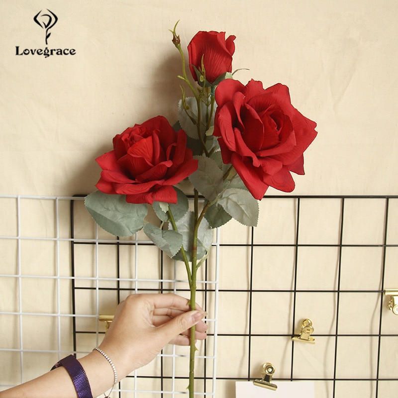 Lovegrace Rose Flower Bouquet 3 Head Silk Jasmine Snow Rose Artificial Flower Branch Champagne Wedding Home Decor Fake Flowers