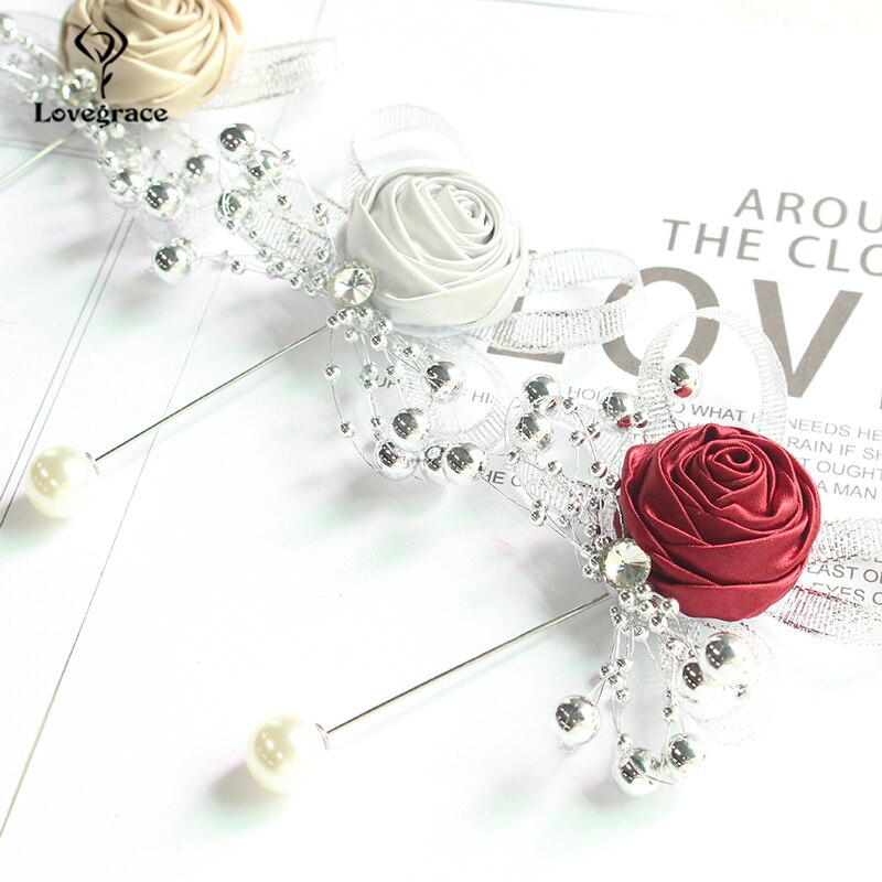 Lovegrace Wedding Boutonniere Groom Brooch Pins Corsage Silk Rose Fake Pearls Burgundy Boutonniere Party Wedding Planner Brooch