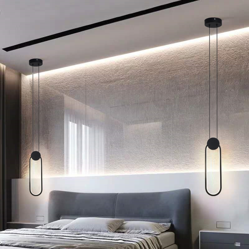 Nordic Minimalist White Black Square Round Pendant Lamp with Long Wire Dimmable LED High Ceiling Hanging Light for Bedside Decor