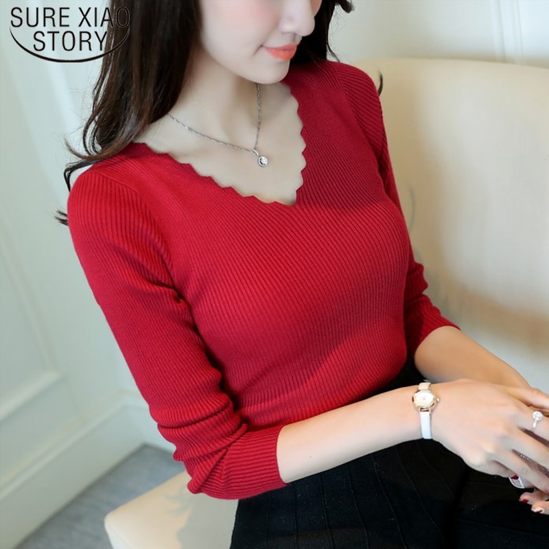 Autumn Long Sleeve Sweater Women Winter Pullovers Solid Black White Knitted Sweater Tops Wave Cut V-neck Basic Office 7809 50