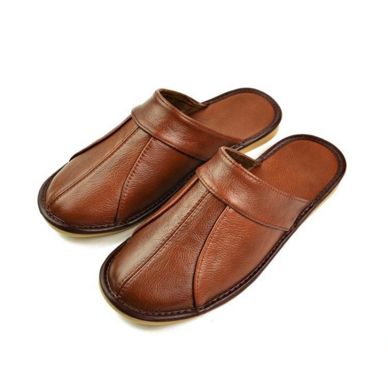 Luxury Cow Split Leather Handmade Men Home Slippers Spring Slip On Soft Comfortable Black Brown Bedroom Indoor Flat Men Shoes
