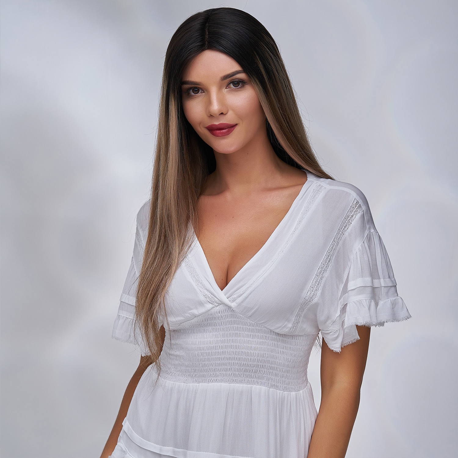 K.S WIGS 20'' Invisible Transparent Half Lace Wig Straight Pre-Plucked Natural Hairline Remy Hair Wigs For Women 150% Denisty