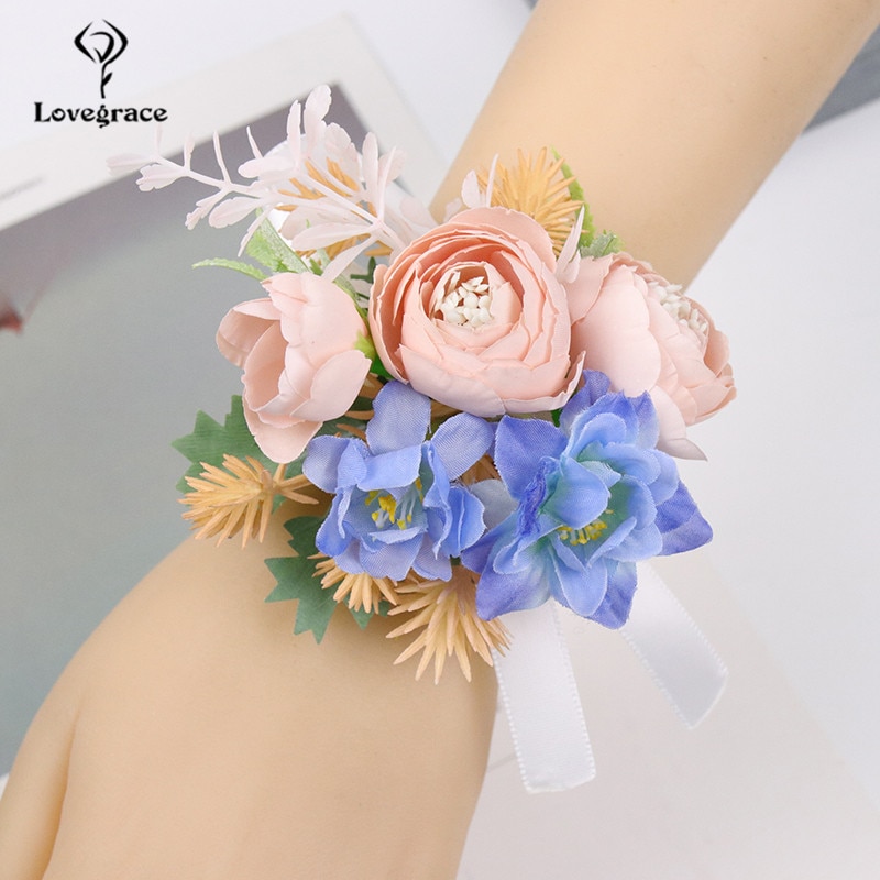 Lovegrace Groomsmen Boutonniere Wedding Corsages Silk Rose Bride Wrist Corsage Bracelet Flowers Bridesmaids Sister Brooch Flower