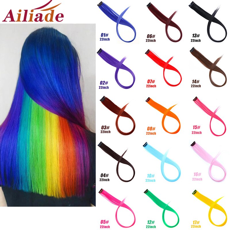 AILIADE Hair Strands On Clips 20inch Long Straight Fake Hair Extensions Clip in Rainbow Hair Streak Ombre Synthetic for women