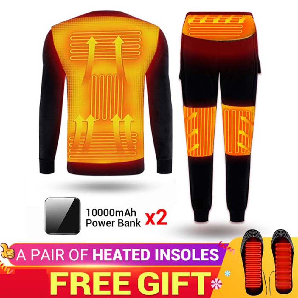 Winter Heated Underwear Fleece Lined Heating Thermal Underwear Set USB Electric Heated T-Shirts & Pants Battery Powered Ski Wear