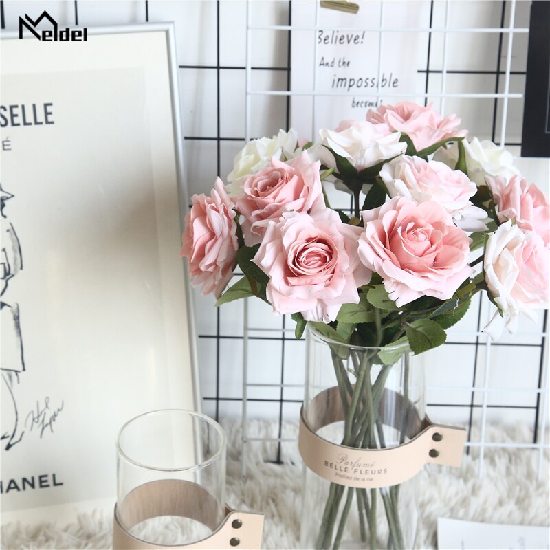 Meldel Artificial Silk Rose Flower Bridesmaid DIY Bouquet Flower Arrangement Handmade Rose Home Party Wedding Table Decorations